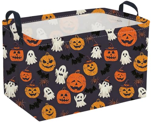 Image of Sanjiaofeng Rectangular Halloween Ghost Storage Basket,Waterproof Foldable Storage Baskets,Trick or Treat Halloween Basket,Halloweens Party Candy Gift Baskets(Happy Pumpkin)