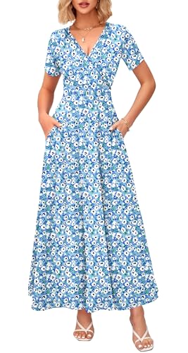 Image of WNEEDU Women's Summer Maxi Dress Short Sleeves Wrap V Neck Long Dresses with Pockets