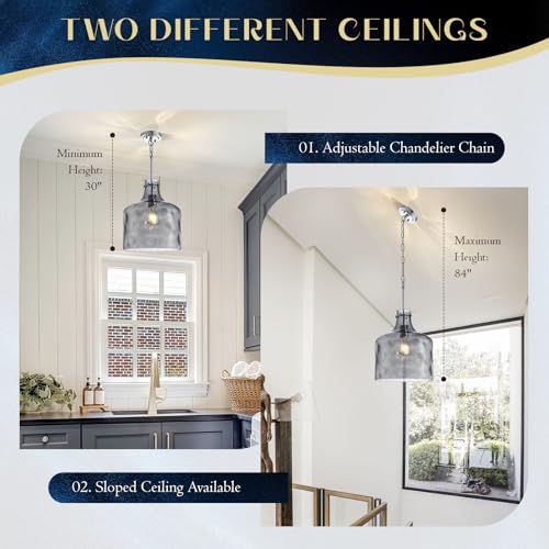 Image of 12 inch Smoked Gray Farmhouse Pendant Light, Hammered Glass, E26 Light