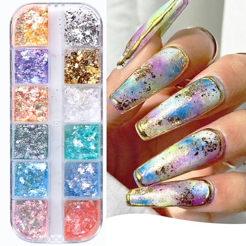 12 Colors Holographic Opal Nail Flakes Glitters Opal Powder Flakes Ultra-Thin Film Ice Crystal Cloud Brocade Powder Nail Designs Acrylic Nails Supplies for Women Manicure Tips Charm Decorations