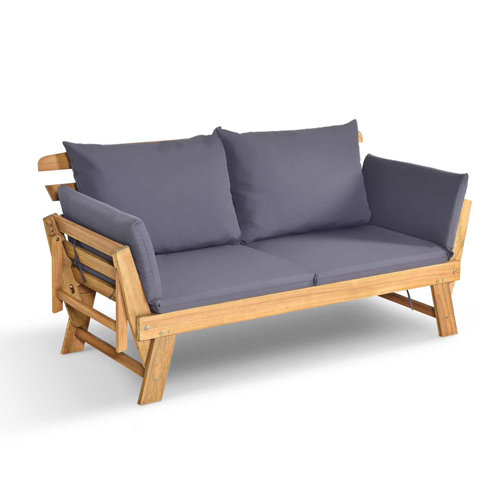 GIANTEX 2-osobowa rozkładana sofa z poduszkami, rama z drewna akacjowego, ławka dla 2 osób, na balkon, patio, do ogrodu (szara)