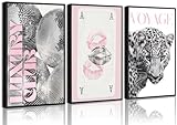 3pcs Pink Fashion Leopard Print Wall Art,Black and White Cheetah Pattern Canvas Poster,Funny Playing Card Painting,Lip Disco Ball Pictures Wall Decor for Girls' Room Living Room Bedroom 12x16in Unframed