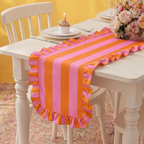 HunnmingRe Ruffle Edge Striped Table Runner, 72x15.7 Inch, Pink Orange
