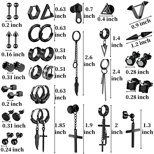 Foreveryouty 19 Pairs Surgical Steel Earrings For Men Small Hoop Dangle Earrings Studs,Mens Dangling Cross Feather Dagger Triangle Asymmetrical Hypoallergenic Kpop Earrings Set Black #TOP5