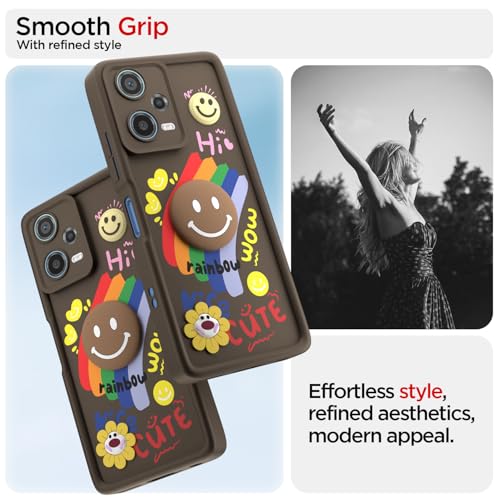 Image of Pikkme Back Cover for Redmi Note 12 Pro 5G | Soft Silicone| Cute Rainbow Smile & 3D Cartoon Flower Design | Shockproof Raised Camera Protection Bumper Case (Brown)