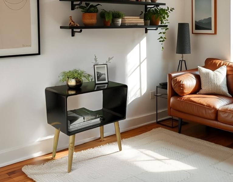 Image of SS Wood Nation Vintage Bookcase Nightstand, Coffee Table, End Table, Bedside Table for Compact Areas, Magazine Stand with Storage, and Living Room /Bedroom (Modern, Blak)