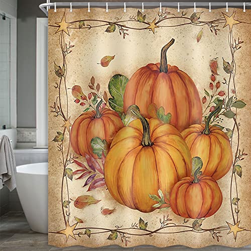 Image of Boziqr Fall Shower Curtains for Bathroom, Autumn Pumpkin Harvest Farmhouse Thanksgiving Halloween Fabric Shower Curtain with Hooks Set 70x70 Inch