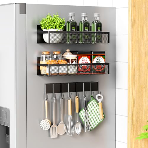 Image of Giwil Magnetic Spice Rack for Refrigerator, 3 Pack Magnetic Shelf Fridge Spice Organizer with 8-Hook Rack, Movable Seasoning Organizer for Kitchen Organization and Storage, Black