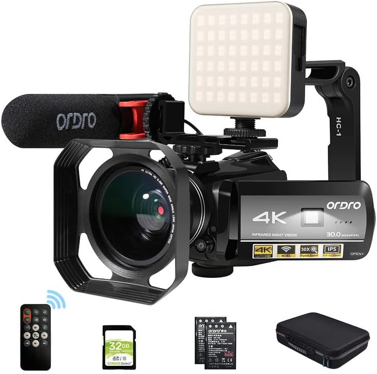 ORDRO 4K Camcorder Video Camera for Vlogging YouTube 1080P 60FPS 30MP IR Night Vision Wi-Fi 3.0'' IPS Recorder Camcorders with Microphone LED Light Wide Angle Lens Handheld Stabilizer and 32GB SD Card