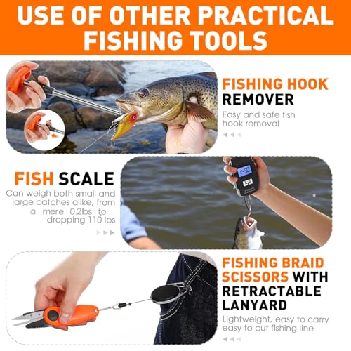 Image of RoundFunny 10 Pcs Fishing Tool Kit, Fishing Pliers with Lanyard and Protective Sheaths, Landing Net, Fillet Knife, Fish Scale, Gripper, Hook Remover, Braid Scissors, Gloves for Men Dad Gift
