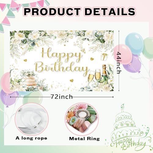 Image of Happy Birthday Banner Sage Green Birthday Decoration Backdrop 72x44inch White Flower Floral Greenery Eucalyptus Leaves Birthday Party Background Sprinkle Gold Dots Party Decorations for Women Adults