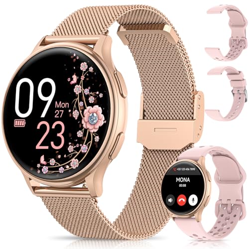 NAIXUES Reloj Inteligente Mujer con Llamadas, 1,27' Smartwatch Mujer con 3 Correas, Función Femenina, Pulsometro/SpO2/Monitor de Sueño/70+ Modos Deportivos/Calorías/IP68 Podómetro/Android iOS Rosa Oro