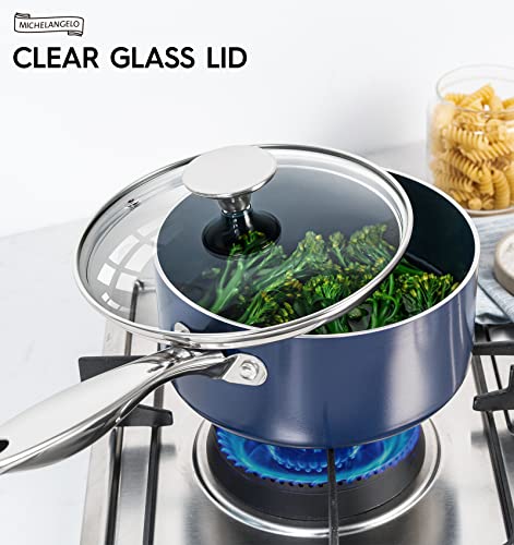 Michelangelo Saucepan Set, 1Qt & 2Qt Ceramic Sauce Pan With Lid, Nonstick Saucepans With Lids, Small Pot With Stainless Steel Handle, Oven Safe, Blue #TOP7