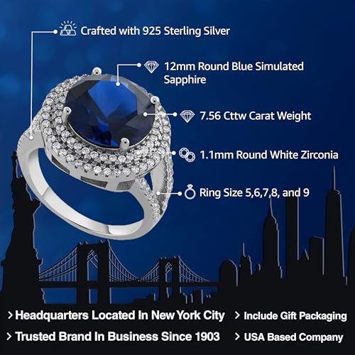 Gem Stone King 7.56 Cttw Blue Simulated Sapphire Ring In 925 Sterling Silver | Round 12MM | Wedding Engagement Anniversary Promise Ring For Women | Available in size 5, 6, 7, 8, 92