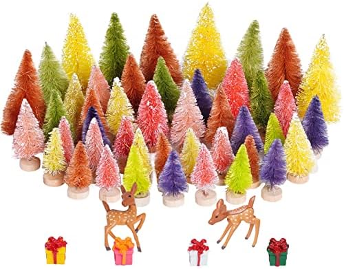 Yookat 51Pcs Mini Pine Trees Artificial Mini Trees with Wood Base Sisal Trees Bottle Brush Trees Assorted Color and Deer Boxes Winter Snow for Christmas Decoration (Multicolor-03)