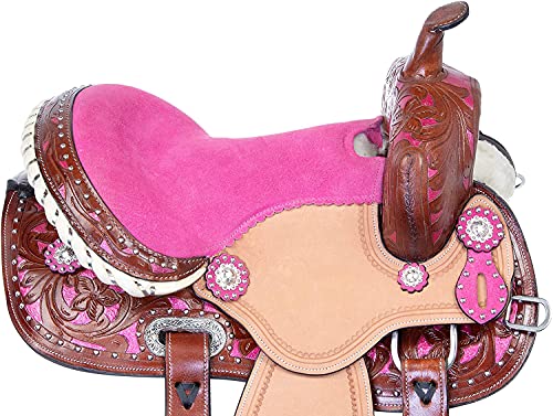 Ali Leather Store Western Leather Barrel Racing Trail Horse Saddle Tack With Matching Headstall, Breast Collar And Reins. Size 10" - 18" Inches Seat. (10" Inches Seat, Pink) #TOP2