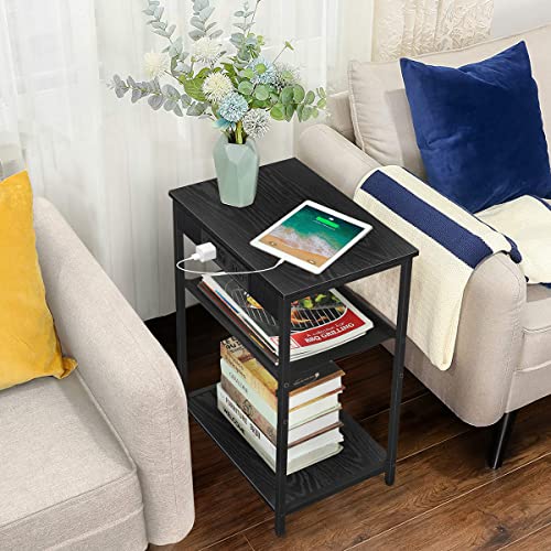 Set of 2 Nightstand with Charging Station, 3 Tier End Table with USB Ports & Power Outlets, Narrow Side Table for Small Spaces, Bedside Tables for Bedroom, Living Room, Black - Thumbnail 5
