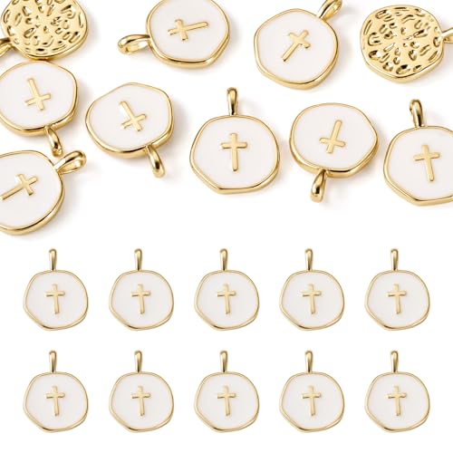 Cheriswelry 10Pcs Cross Charms 18K Gold Plated Flat Round Enamel Alloy Pendants Vintage Crucifix Cross Hang Ornament 18x13.5x2mm for DIY Bracelet Necklace Earring Jewelry Making