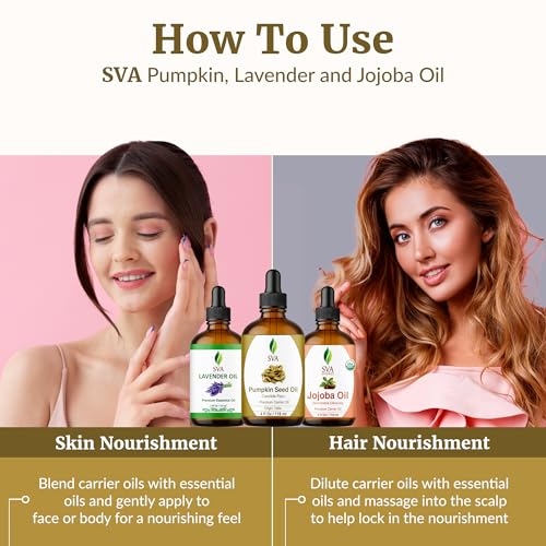 Image of SVA Pumpkin Seed, Lavender, and Jojoba Oil 4 oz Bundle Super Saver Combo - Value Set for Hair Oiling, Scalp Massage, Hair Care, Skin Care and Body Massage