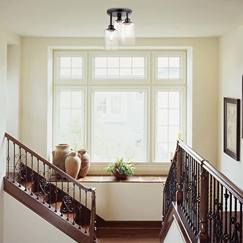 Globe Electric 65456 3-Light Flush Mount Ceiling Light, Matte Black, Clear Glass Shades, Ceiling Light Fixture, Light Fixtures Ceiling Mount, E26 Socket, Bedroom Lights For Ceiling, Flush Mount Light #TOP1
