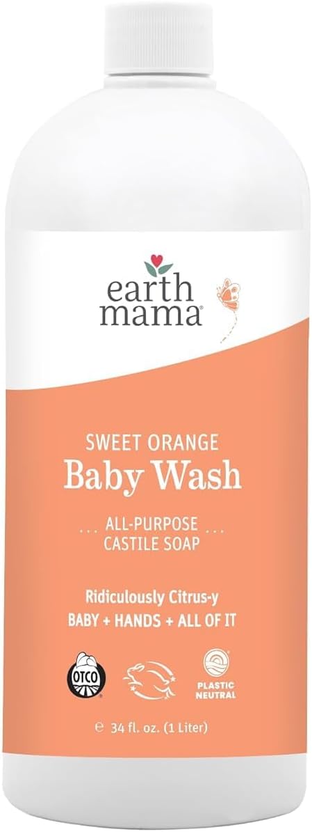 Earth Mama Sweet Orange Baby Wash Liquid Hand Soap Refill, Organic Body Wash for Sensitive Skin, All Purpose Castile Soap Liquid with Coconut Oil, Shea Butter, Calendula & Aloe, 34 fl oz