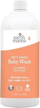Earth Mama Sweet Orange Baby Wash Liquid Hand Soap Refill, Body Wash for Sensitive Skin, All Purpose Castile Soap Liquid with Coconut Oil, Shea Butter, Calendula & Aloe, 34 fl oz