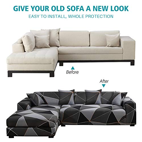 Mifxin Sectional Sofa Cover 2 Piece Stretch 3 Seat L Shape Couch Slipcovers Elastic Printed Sectional Sofa Furniture Protector For Living Room With 4Pcs Pillow Covers (Black Gray) #TOP3