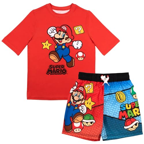 Nintendo Super Mario Bros Boys Casual Summer 2-Piece Set - Short Sleeve Shirt and Drawstring Trunks Shorts Graphic Rash Guard Swim Suit Wear Bundle Outfit for Kids (Red Size 5/6)