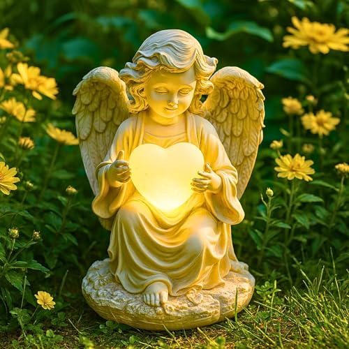Solar Angel Garden Statue with Heart 8 Guardian Memorial Outdoor Light
