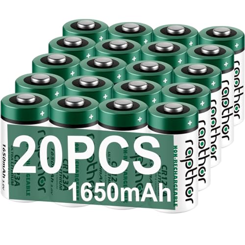 rapthor CR123A Lithium Batteries 1650mAh High Power UL Certified 3V Non-Rechargeable Battery with Built-in PTC for Flashlight Toys Alarm System Microphones (Not for Arlo) (20)