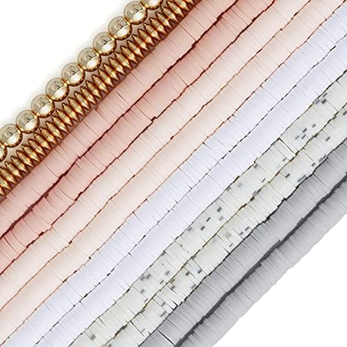 BOCAR 6mm 10 Strands Clay Beads Kit Vinyl Flat Handmade Polymer Clay Beads with 2 Strands Alloy Beads Spacer for Jewelry Making Necklace Bracelet Earrings Finding (CB-001-mix 6)