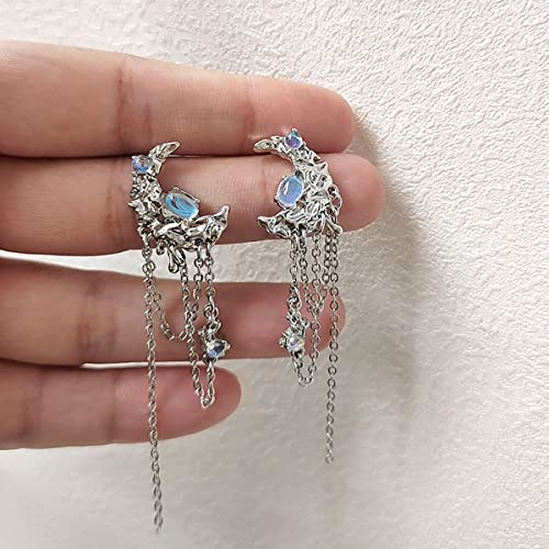 Y2K Earrings Moonstone Earrings 925 Sterling Silver Moon Tassel Chain Dangle Drop Earrings Y2K Jewelry #TOP1