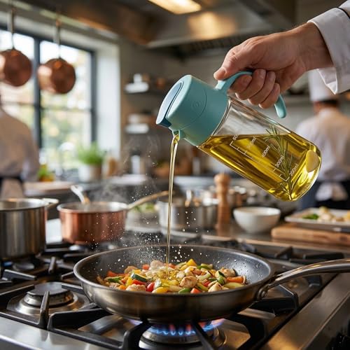 Image of MUAC 630ml Glass Oil Dispenser Bottle with Handle & Flip Lid - Leakproof Kitchen Oil Pourer with Measurement Markings - Cooking Oil, Olive Oil, Vinegar & Sauce Bottle for Kitchen (Any color will do)