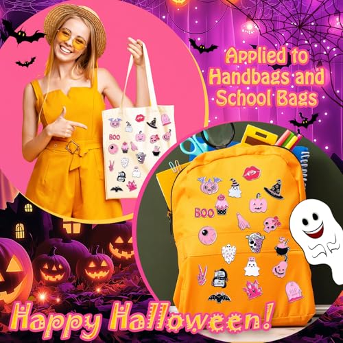 40 Pcs Pink Halloween Enamel Pins Bulk for Backpacks Cute Skull Boo Bat Decorative Brooches Pink and Black Halloween Lapel Pins for Girly Clothes Bags Hat Accessories Gift4