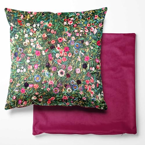 Image of Designer Cushion Cover 18" (46 x 46 cm) Soft Plush Printed Velvet Decorative Throw Pillow Cover Square Cushion Cases Piped Edges For Sofa Bed Couch Bench (Gustav Klimt Italian Garden)
