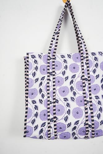 Image of Quilted Cotton Handprinted Reversible Large multicolor Floral Tote Bag,Hand Block Print Shopping Shoulder Carry Bag