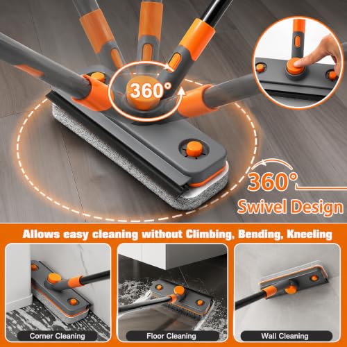 Image of 4 in 1 Long Handle Bathroom Floor Cleaning Brush with Wiper 360 Rotating Brush with 3 Interchangeable Heads - Hard Bristle Brush, Scouring Pad & Microfiber Mop for Bathroom, Kitchen, Tiles & Walls
