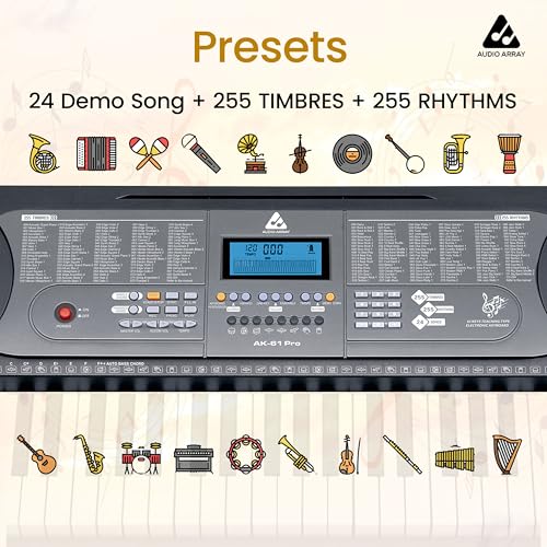 Image of Audio Array AK-61 Pro 61-Key Portable Electronic Keyboard with LCD Display, Built-in Speakers, Mic Input & Included Mics, 255 Timbres, 512 Rhythms, Battery & Adapter Powered