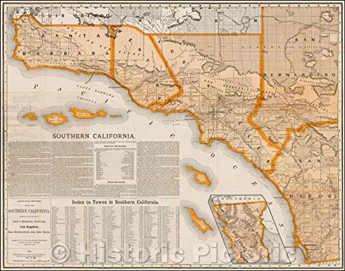 Historic Map - Large Scale Sectional Map of Southern California: Embracing The Counties of Santa Barbara, Ventura, Los Angeles, San Bernardino, San Diego, 1888 - Vintage Wall Art 30in x 24in