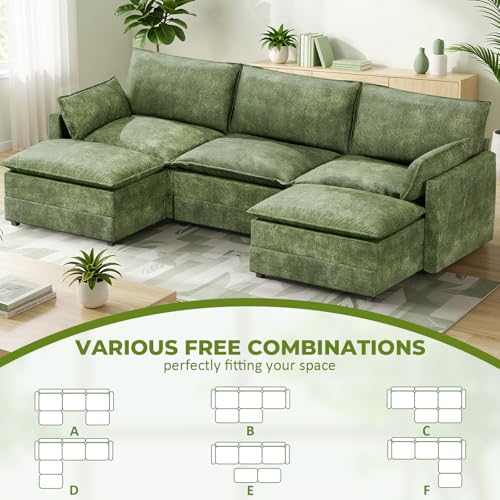 Image of LEVELEVE 112.5 inch U-Shape Modular Sofa with 2 Ottomans, Deep Seat Cloud Convertible Sleeper, 2 Arm Pillows, Comfortable Upholstered Furniture for Living Room Apartment, Green