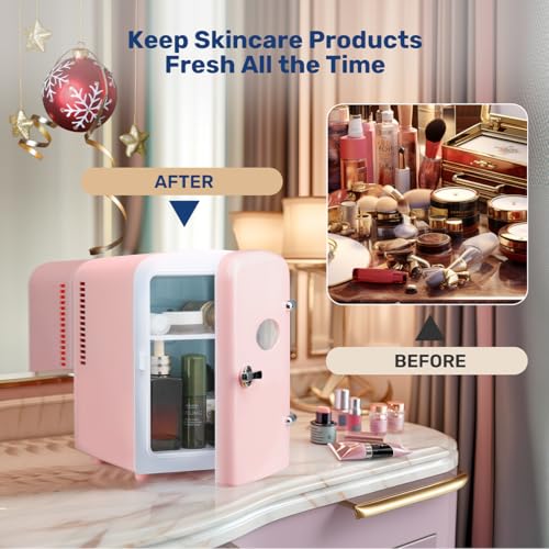 Image of HealSmart Mini Fridge Portable 4 Liter /6 Can with Observation Window, Cooler&Warmer Small Desk Compact Refrigerator for Skin Care, Cosmetics, Beverage, Food in Bedroom, Car, Office, Dorm, Pink