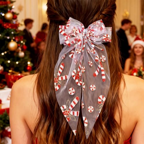 Pinzas para el cabello con moño navideño de bastón de caramelo, accesorios para el pelo rojo y blanco, ideal para fiestas, fotos y regalos (1 unidad) miniatura 4