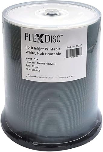 PlexDisc 95252 CD-R 700MB 52X Hub de inyección de tinta blanco imprimible - 100pk husillo embalaje libre de frustración, 100 discos