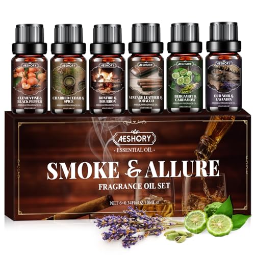 AESHORY Set di Oli Essenziali Fumo & Fascino 6 x 10ML, Olio Essenziale di Aromaterapia per Diffusori - Cuoio Vintage & Tabacco, Cedro Carbonizzato & Spezie, Falò & Bourbon, Clementina & Pepe Nero