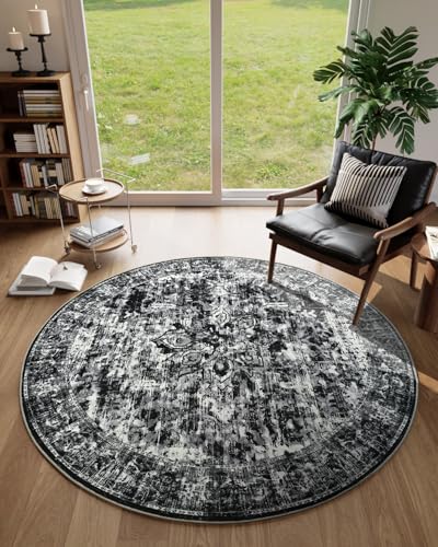 Unirea 4ft Round Black Vintage Area Rug Washable Non Slip Circle Bug Rug for Entryway Kitchen Bedroom Bathroom Nursery Living Room Thin Soft Abstract Rugs Indoor Dcor Low Pile Carpet