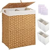 Greenstell Laundry Hamper No Install Needed, Divided Clothes Hamper with 2 Removable Liner Bags, 90L Handwoven Synthetic Rattan Laundry Basket with Lid and Handles, Foldable Natural