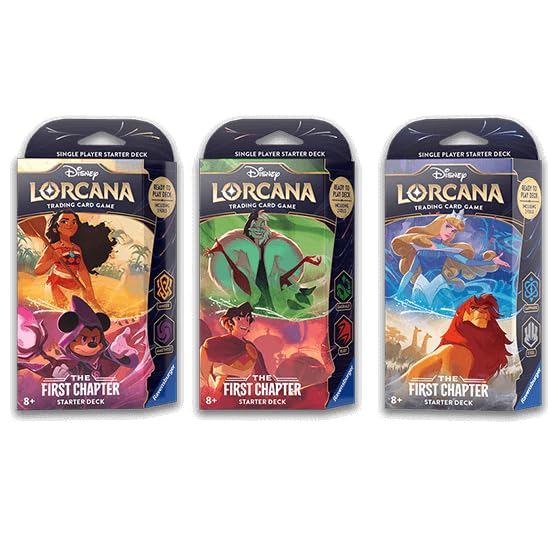Amazon.com: Starter Decks: Amber & Amethyst (Moana & Sorcerer Mickey),  Emerald & Ruby (101 Dalmations & Repunzel) and Sapphire & Steel (Cinderella  & Mufasa) (3 Decks) for Lorcana TCG: The First Chapter :