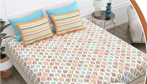 Image of YOKSH Handlooms - Premium Jaipuri 100% Cotton 240 TC|SuperKing Jumbo Size 120x120 INCH,10 FEET|Flat BEDSHEET|2 Pillow Covers|AZO-Free Colors (Rainbow Orange 120115)