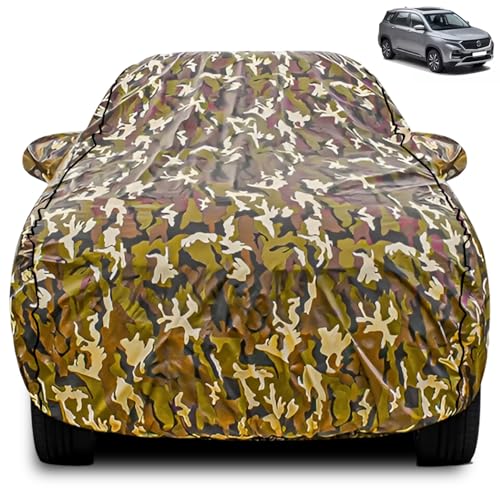Image of FABTEC Car Body Cover for Mg Hector Jungle Print with Soft Cotton Lining Waterproof Car Cover UV & Rain Protection with Mirror Pocket Bottom Elastic (Military /Camouflage Pattern)