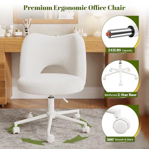 Image of DurayLoly Vanity Chair with Open Back & Wheels White | Swivel, Fluffy Teddy Fabric, Height Adjustable,300lbs for Makeup Room, Vantiy, Bedroom